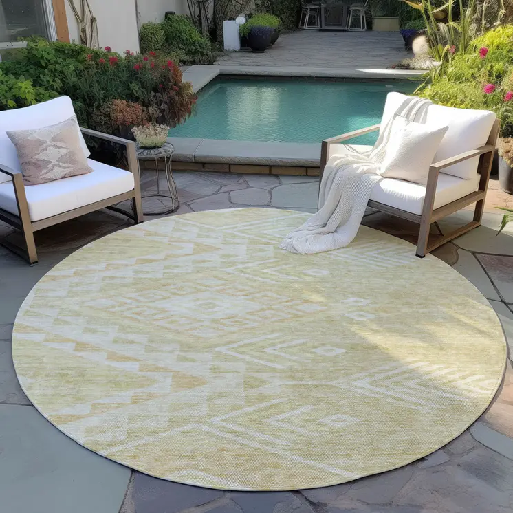 8' Tan And Light Brown Round Southwestern Washable Indoor Outdoor Area Rug