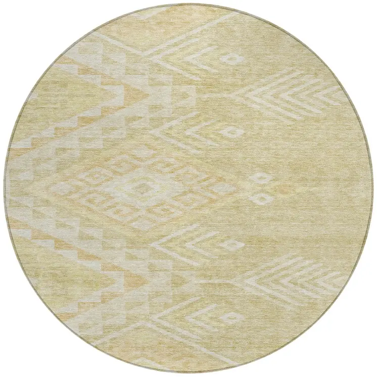 8' Tan And Light Brown Round Southwestern Washable Indoor Outdoor Area Rug