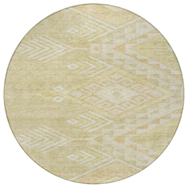 8' Tan And Light Brown Round Southwestern Washable Indoor Outdoor Area Rug
