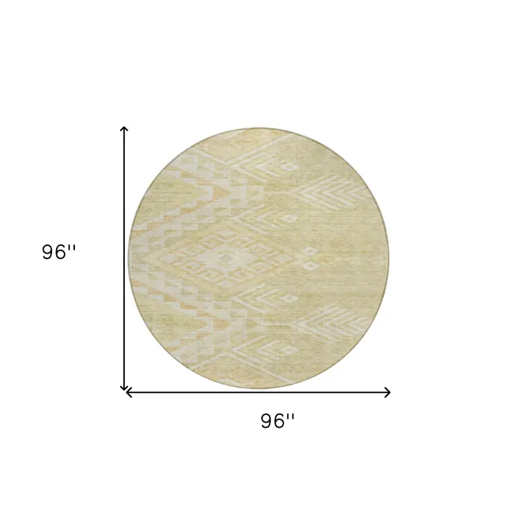 8' Tan And Light Brown Round Southwestern Washable Indoor Outdoor Area Rug