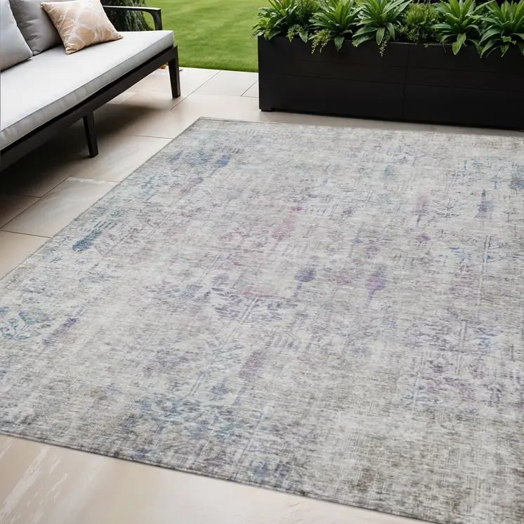 5' X 8' Ivory Blue And Purple Floral Washable Indoor Outdoor Area Rug