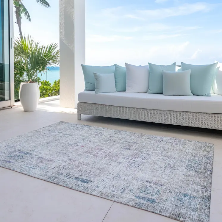 5' X 8' Ivory Blue And Purple Floral Washable Indoor Outdoor Area Rug