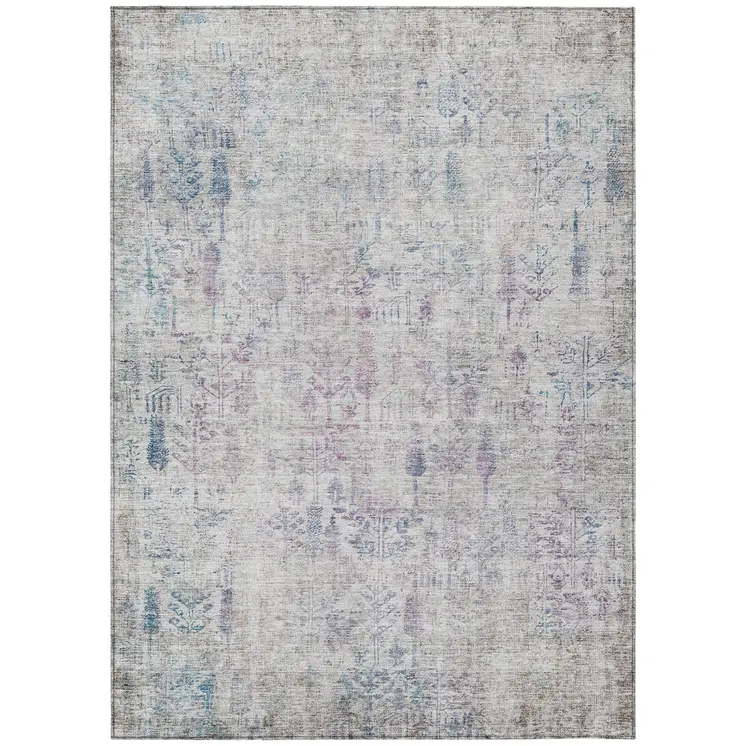 5' X 8' Ivory Blue And Purple Floral Washable Indoor Outdoor Area Rug