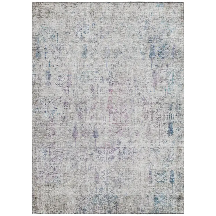 5' X 8' Ivory Blue And Purple Floral Washable Indoor Outdoor Area Rug