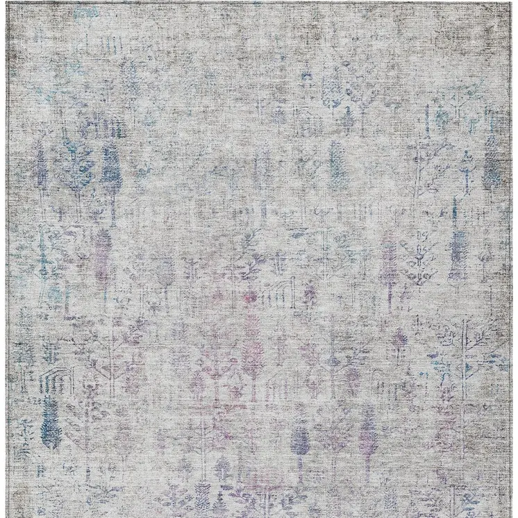 9' X 12' Ivory Blue And Purple Floral Washable Indoor Outdoor Area Rug