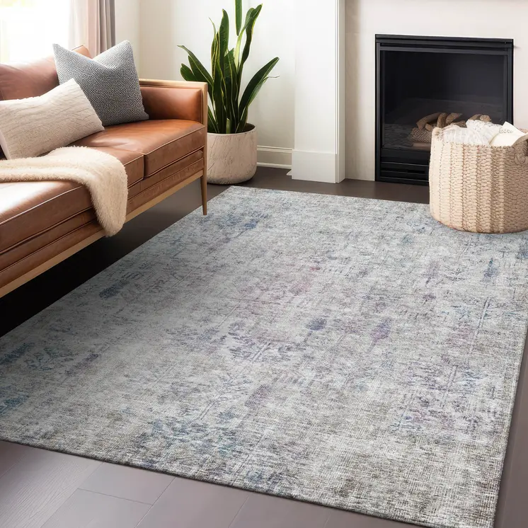 9' X 12' Ivory Blue And Purple Floral Washable Indoor Outdoor Area Rug