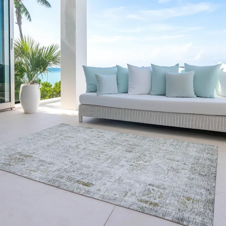 3' X 5' Silver Green And Gray Floral Washable Indoor Outdoor Area Rug