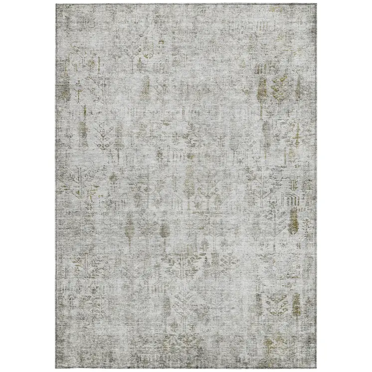 8' X 10' Silver Green And Gray Floral Washable Indoor Outdoor Area Rug