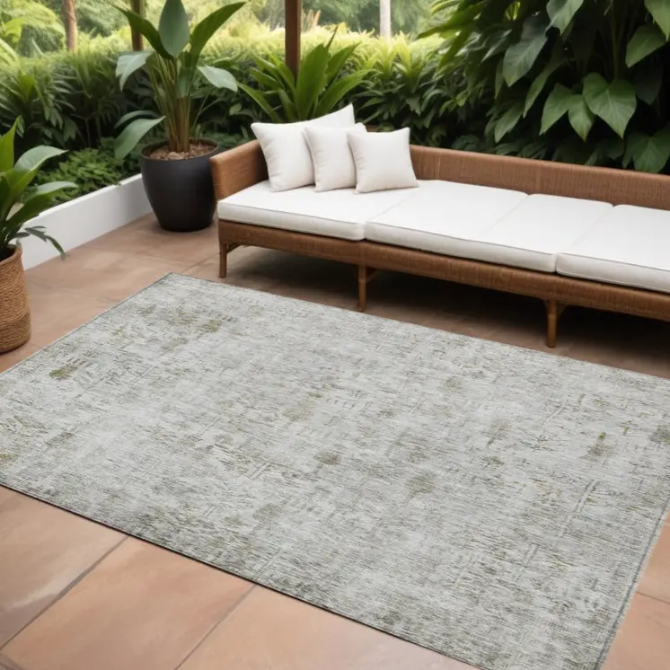 8' X 10' Silver Green And Gray Floral Washable Indoor Outdoor Area Rug