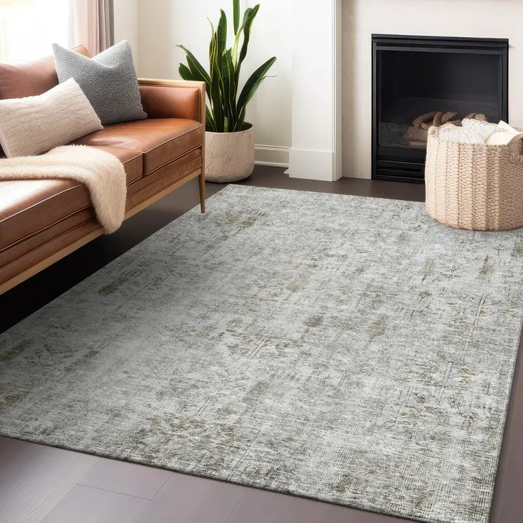 8' X 10' Silver Green And Gray Floral Washable Indoor Outdoor Area Rug