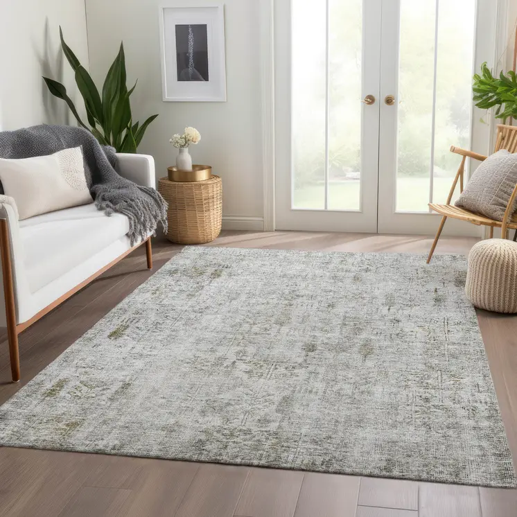 8' X 10' Silver Green And Gray Floral Washable Indoor Outdoor Area Rug