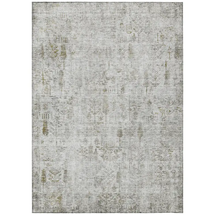 9' X 12' Silver Green And Gray Floral Washable Indoor Outdoor Area Rug
