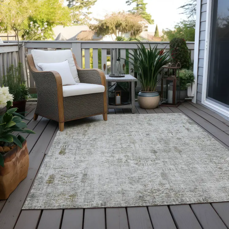 10' X 14' Silver Green And Gray Floral Washable Indoor Outdoor Area Rug