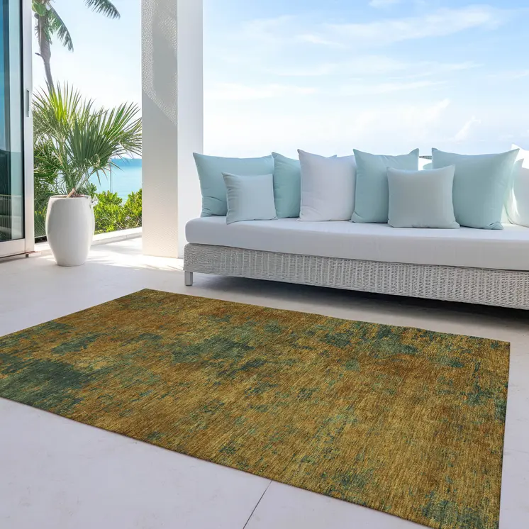 3' X 5' Copper And Green Abstract Washable Indoor Outdoor Area Rug