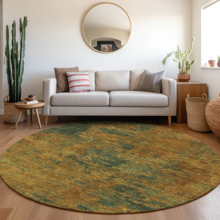 8' Copper And Green Round Abstract Washable Indoor Outdoor Area Rug