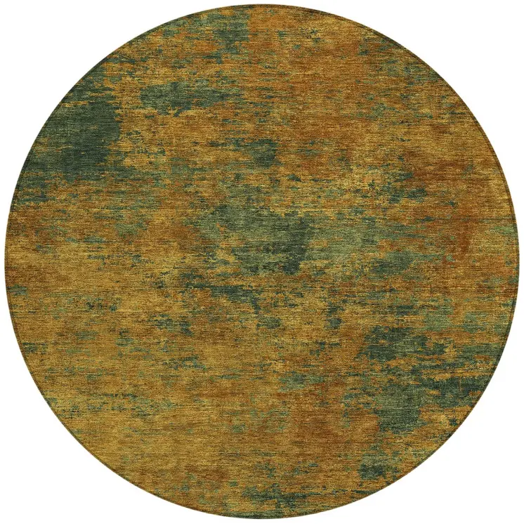 8' Copper And Green Round Abstract Washable Indoor Outdoor Area Rug