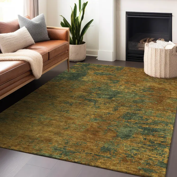 9' X 12' Copper And Green Abstract Washable Indoor Outdoor Area Rug