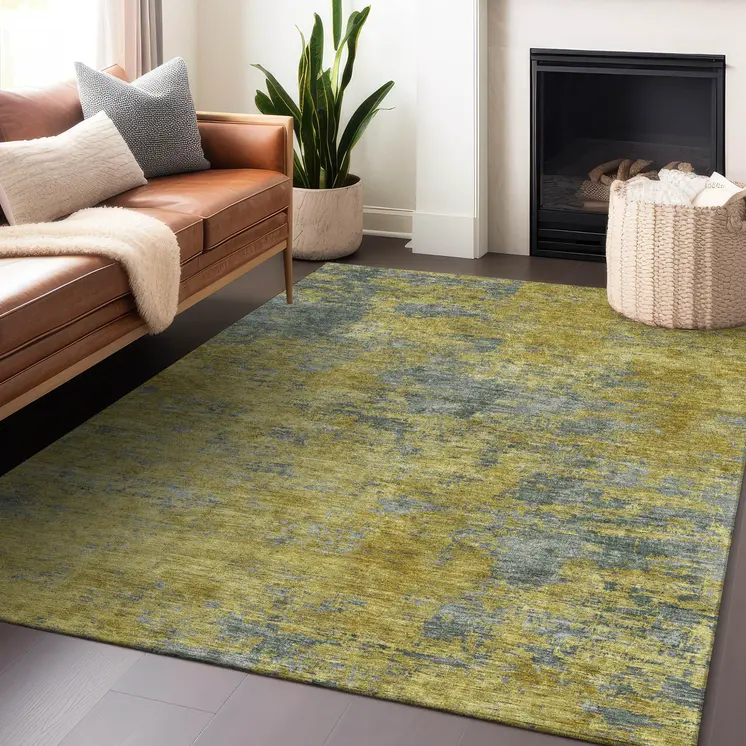 5' X 8' Gold Green And Gray Abstract Washable Indoor Outdoor Area Rug