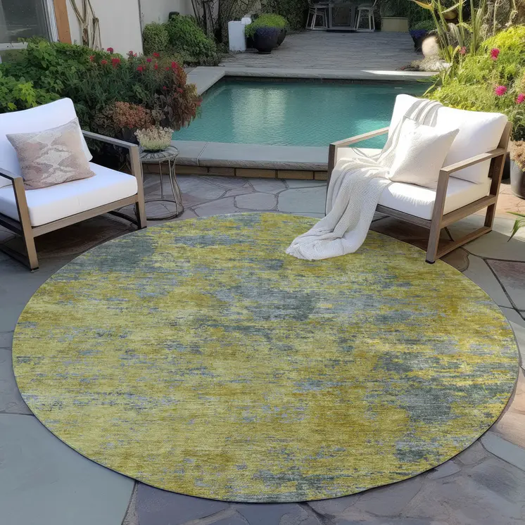 8' Gold Green And Gray Round Abstract Washable Indoor Outdoor Area Rug