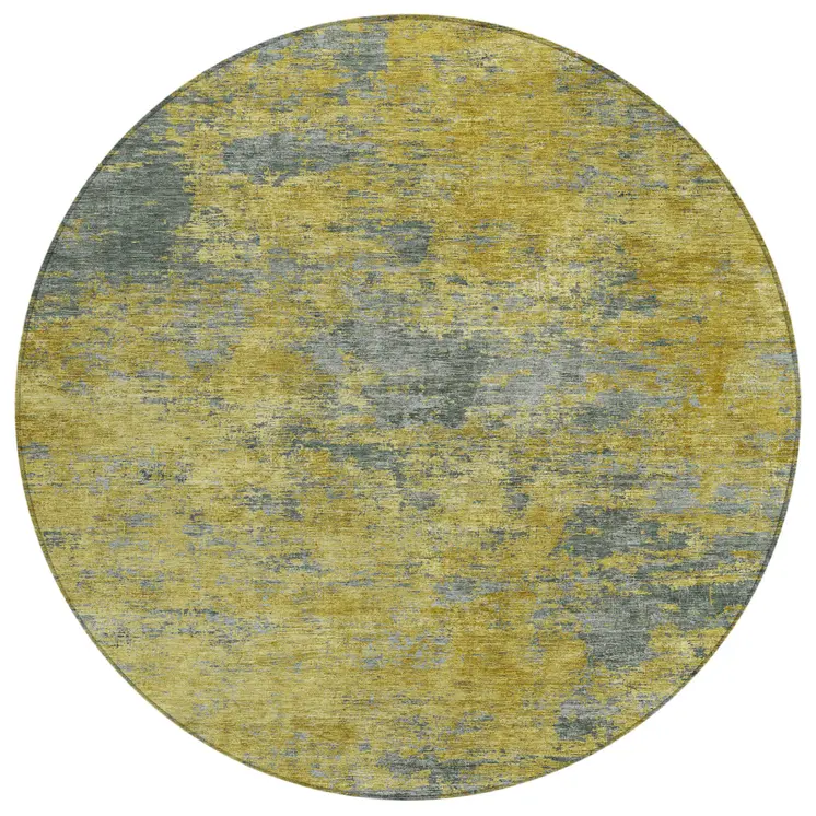 8' Gold Green And Gray Round Abstract Washable Indoor Outdoor Area Rug