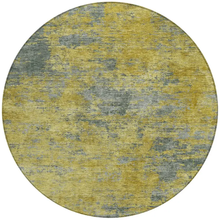 8' Gold Green And Gray Round Abstract Washable Indoor Outdoor Area Rug