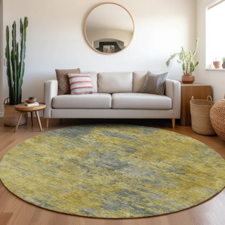 8' Gold Green And Gray Round Abstract Washable Indoor Outdoor Area Rug