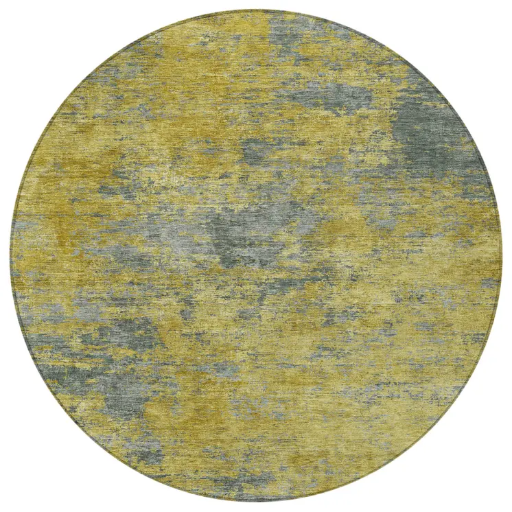 8' Gold Green And Gray Round Abstract Washable Indoor Outdoor Area Rug