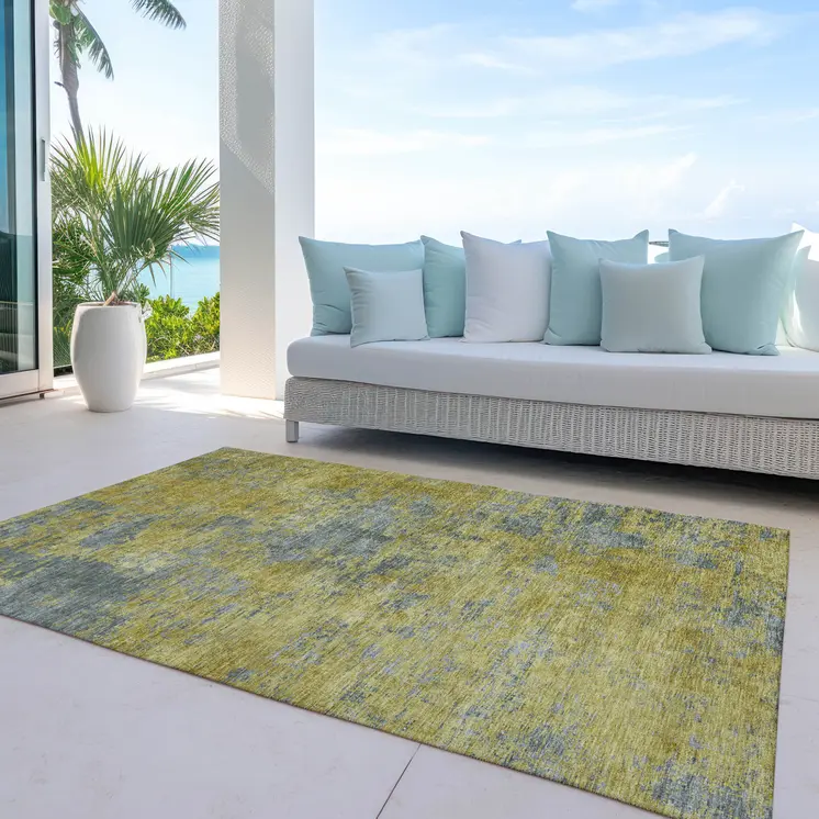 8' X 10' Gold Green And Gray Abstract Washable Indoor Outdoor Area Rug
