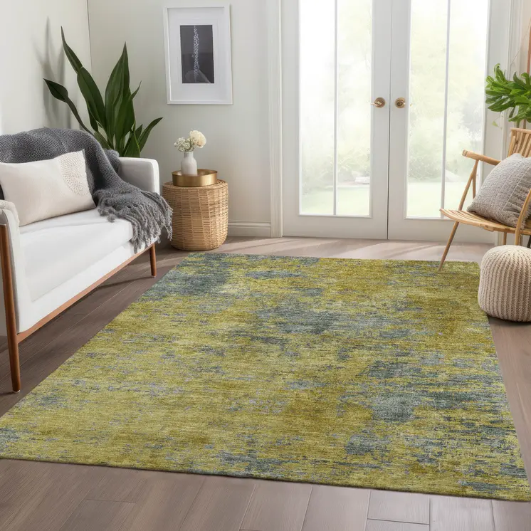 8' X 10' Gold Green And Gray Abstract Washable Indoor Outdoor Area Rug