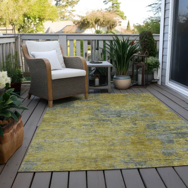 10' X 14' Gold Green And Gray Abstract Washable Indoor Outdoor Area Rug