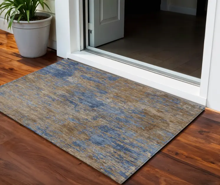3' X 5' Navy Blue And Brown Abstract Washable Indoor Outdoor Area Rug