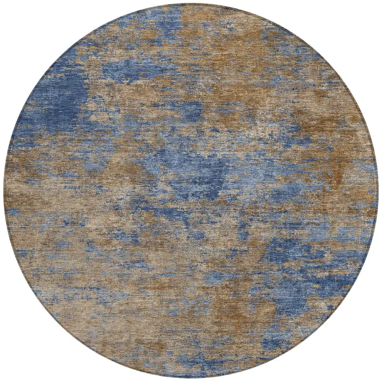 8' Navy Blue And Brown Round Abstract Washable Indoor Outdoor Area Rug