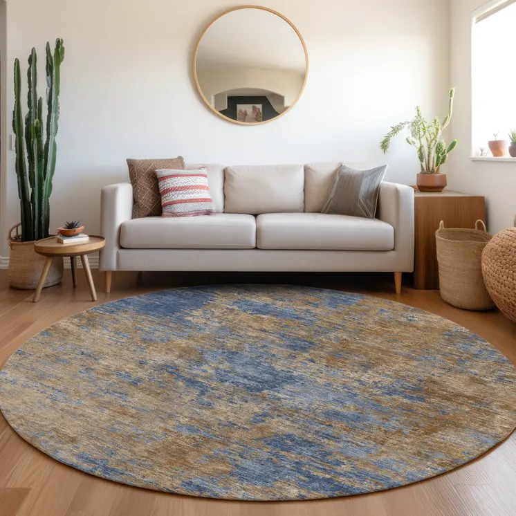 8' Navy Blue And Brown Round Abstract Washable Indoor Outdoor Area Rug