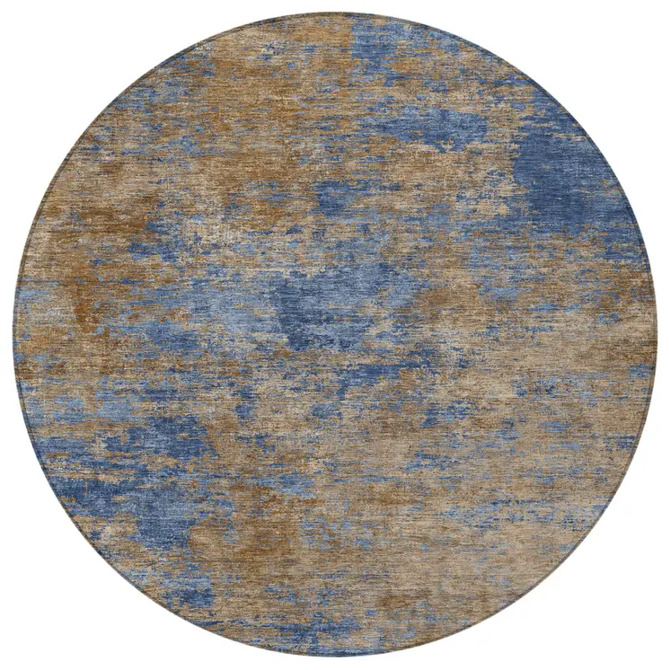 8' Navy Blue And Brown Round Abstract Washable Indoor Outdoor Area Rug