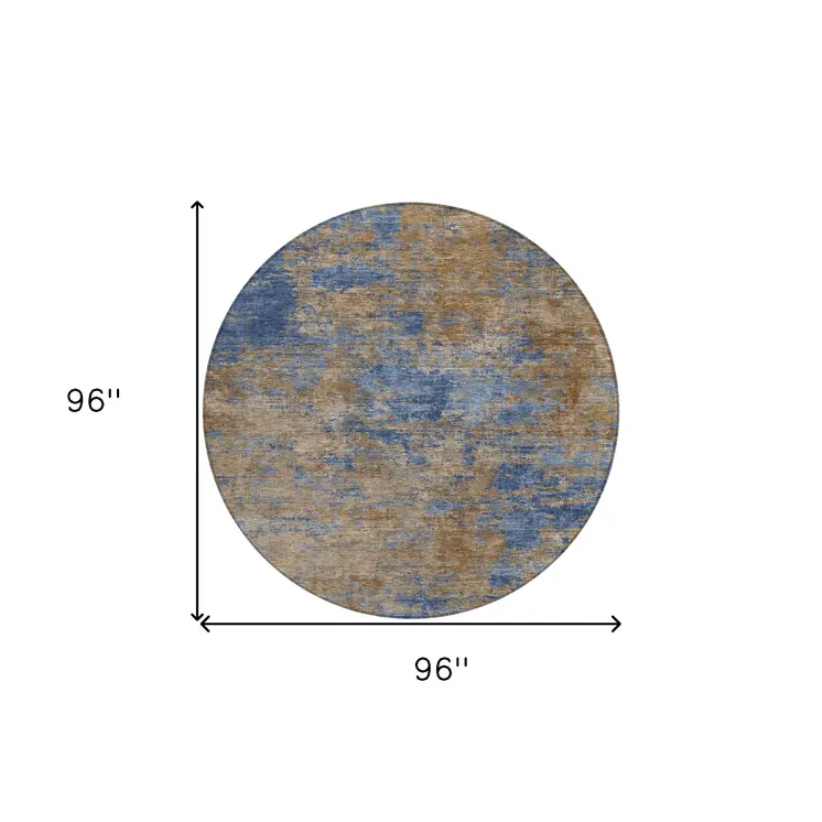 8' Navy Blue And Brown Round Abstract Washable Indoor Outdoor Area Rug