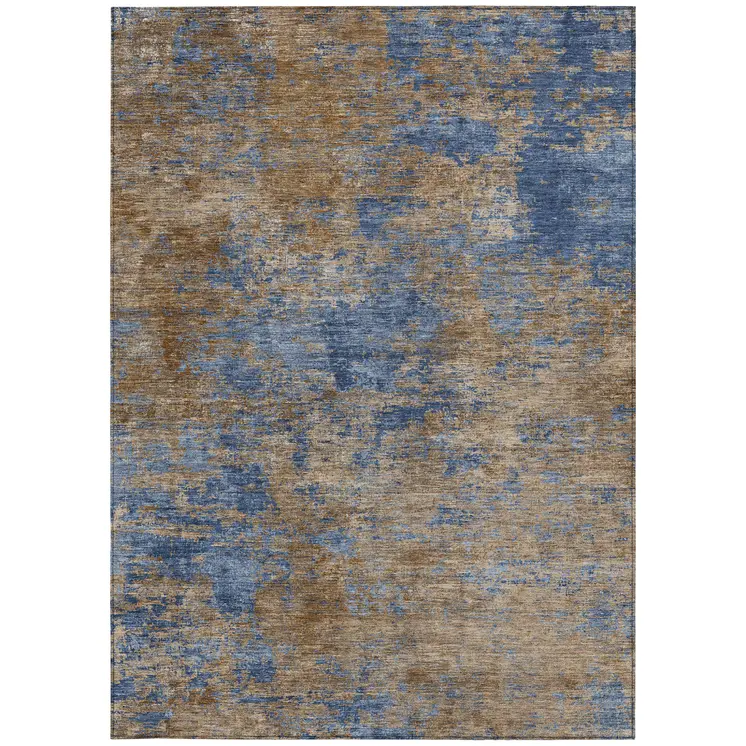 8' X 10' Navy Blue And Brown Abstract Washable Indoor Outdoor Area Rug