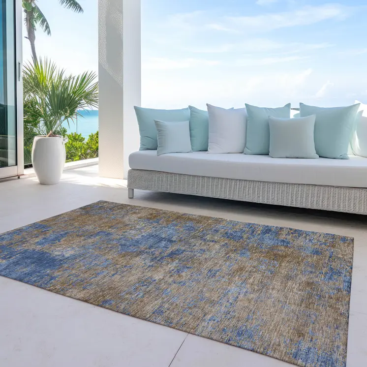8' X 10' Navy Blue And Brown Abstract Washable Indoor Outdoor Area Rug