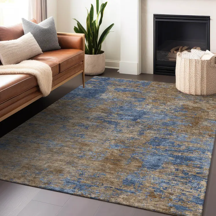 8' X 10' Navy Blue And Brown Abstract Washable Indoor Outdoor Area Rug