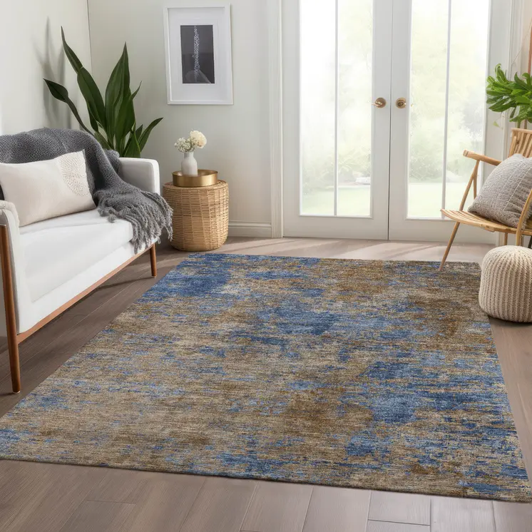 8' X 10' Navy Blue And Brown Abstract Washable Indoor Outdoor Area Rug