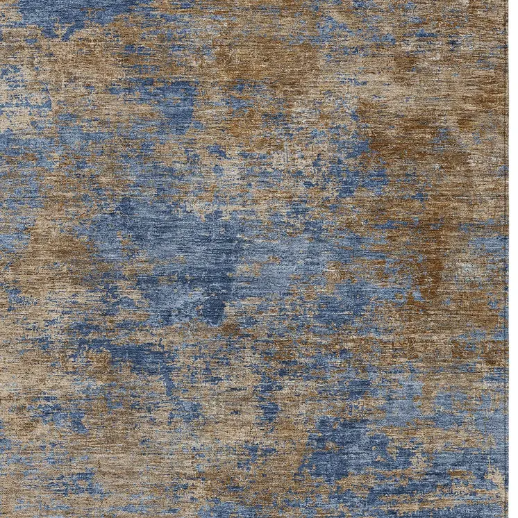 9' X 12' Navy Blue And Brown Abstract Washable Indoor Outdoor Area Rug