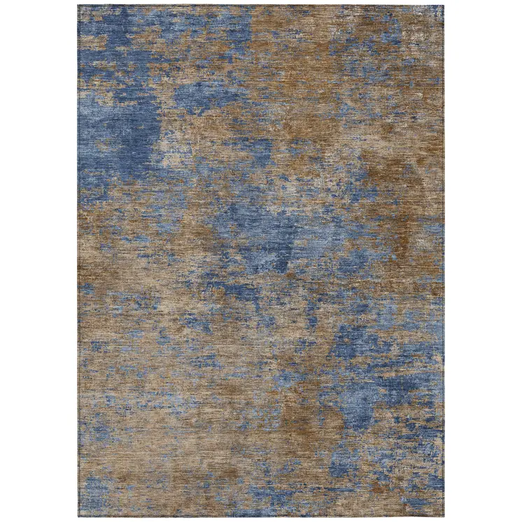 10' X 14' Navy Blue And Brown Abstract Washable Indoor Outdoor Area Rug