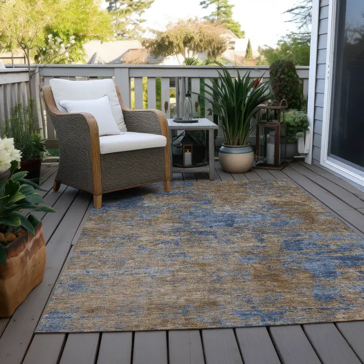 10' X 14' Navy Blue And Brown Abstract Washable Indoor Outdoor Area Rug