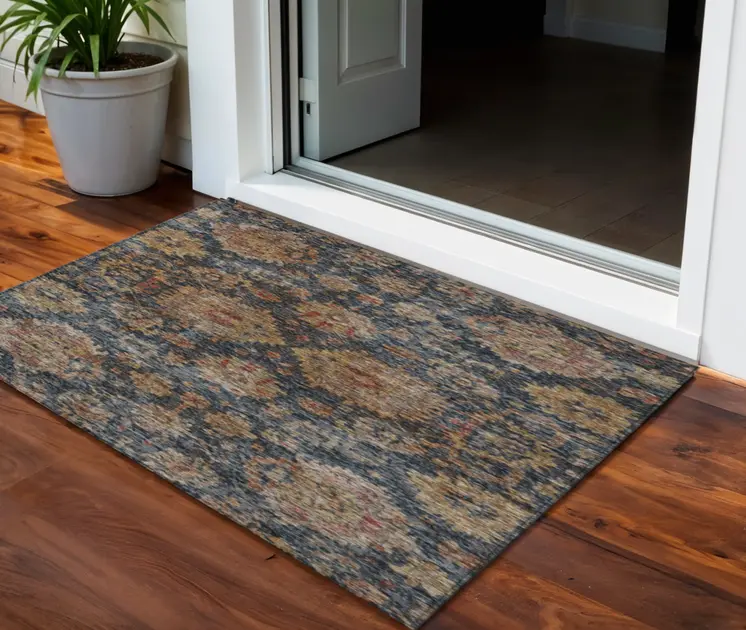 3' X 5' Navy Blue Brown And Terra Cotta Damask Washable Indoor Outdoor Area Rug