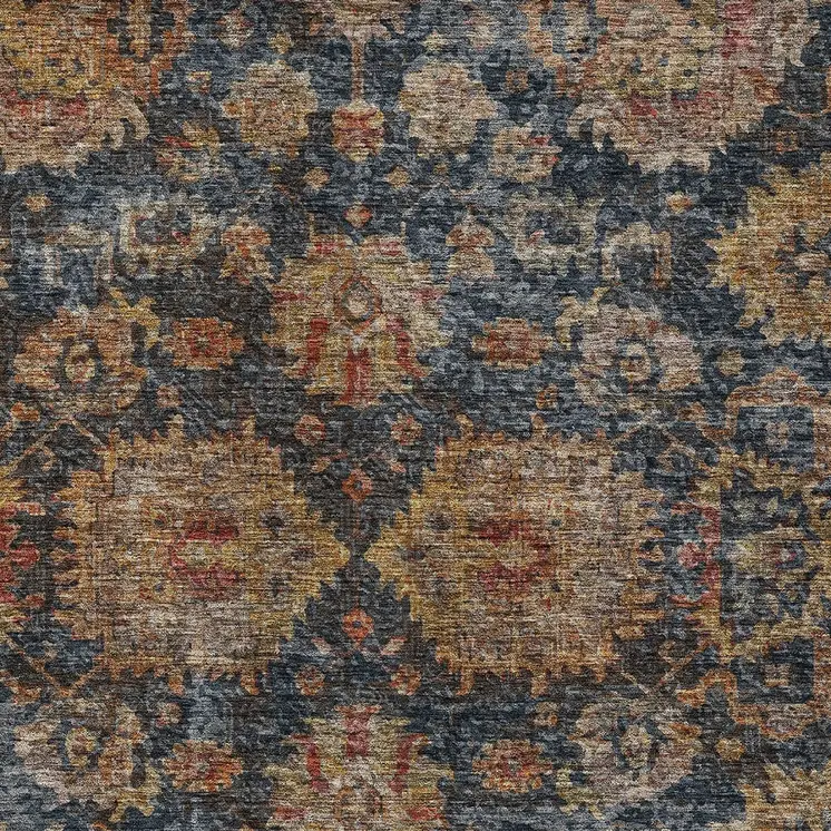 3' X 5' Navy Blue Brown And Terra Cotta Damask Washable Indoor Outdoor Area Rug