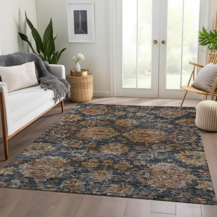 3' X 5' Navy Blue Brown And Terra Cotta Damask Washable Indoor Outdoor Area Rug