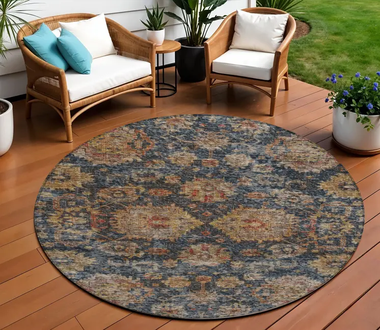 8' Navy Blue Brown And Terra Cotta Round Damask Washable Indoor Outdoor Area Rug