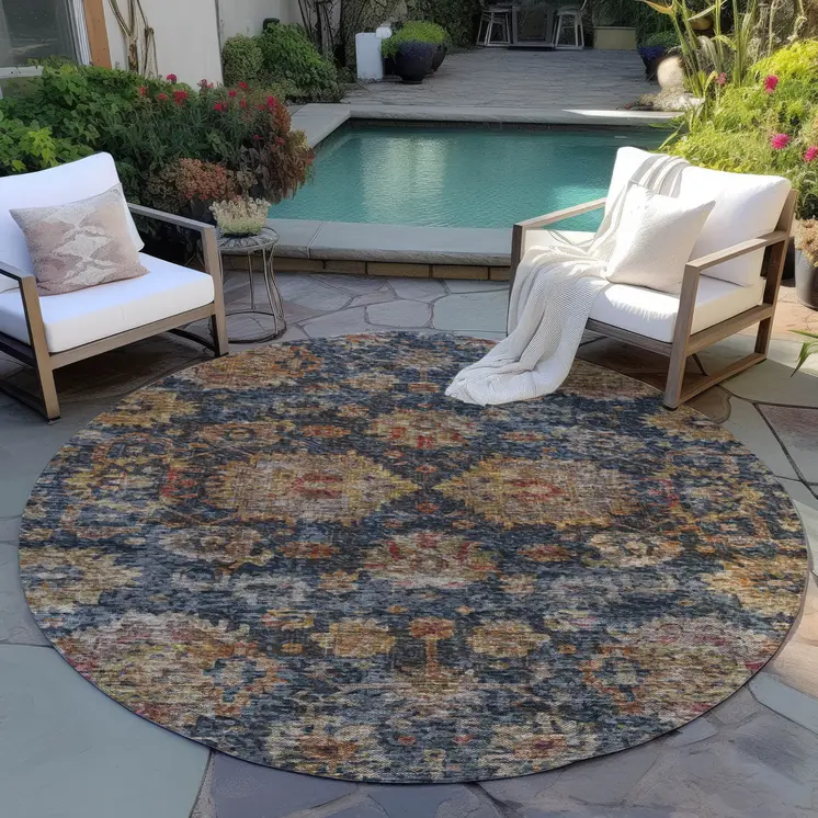8' Navy Blue Brown And Terra Cotta Round Damask Washable Indoor Outdoor Area Rug
