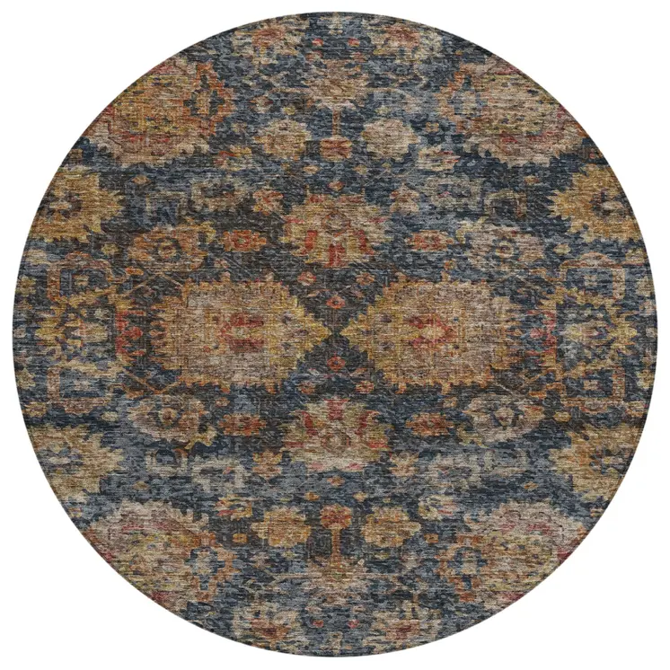 8' Navy Blue Brown And Terra Cotta Round Damask Washable Indoor Outdoor Area Rug