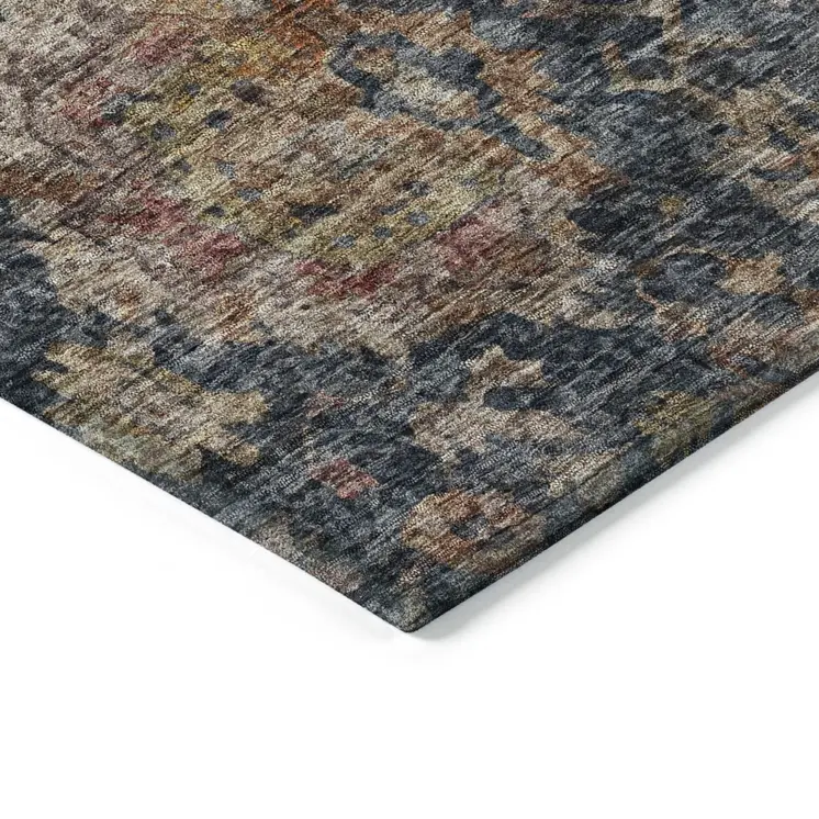 8' Navy Blue Brown And Terra Cotta Round Damask Washable Indoor Outdoor Area Rug