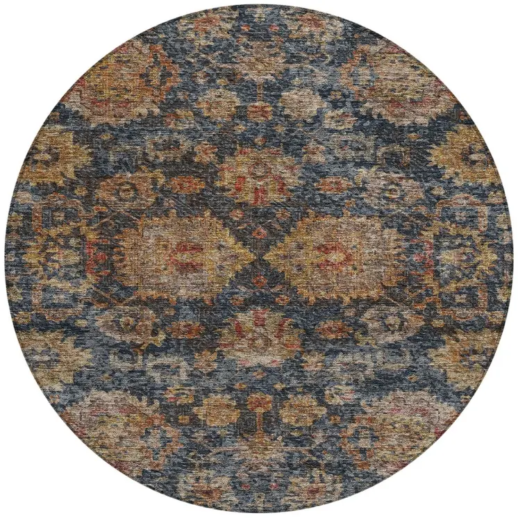 8' Navy Blue Brown And Terra Cotta Round Damask Washable Indoor Outdoor Area Rug